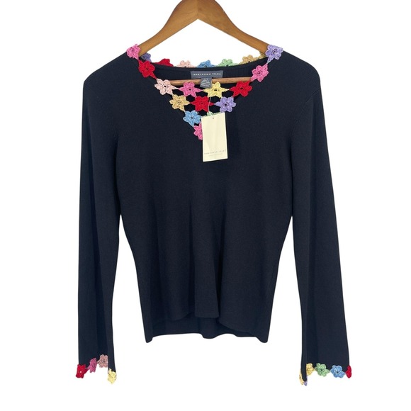 Northern Isles Preppy Sweater Women Feminine Colorful Crochet Floral Trim Size S - Picture 3 of 10